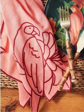 FARM Rio Tropical Bird Embroidered Napkin- set of 2 | Pink Parrot | NWT